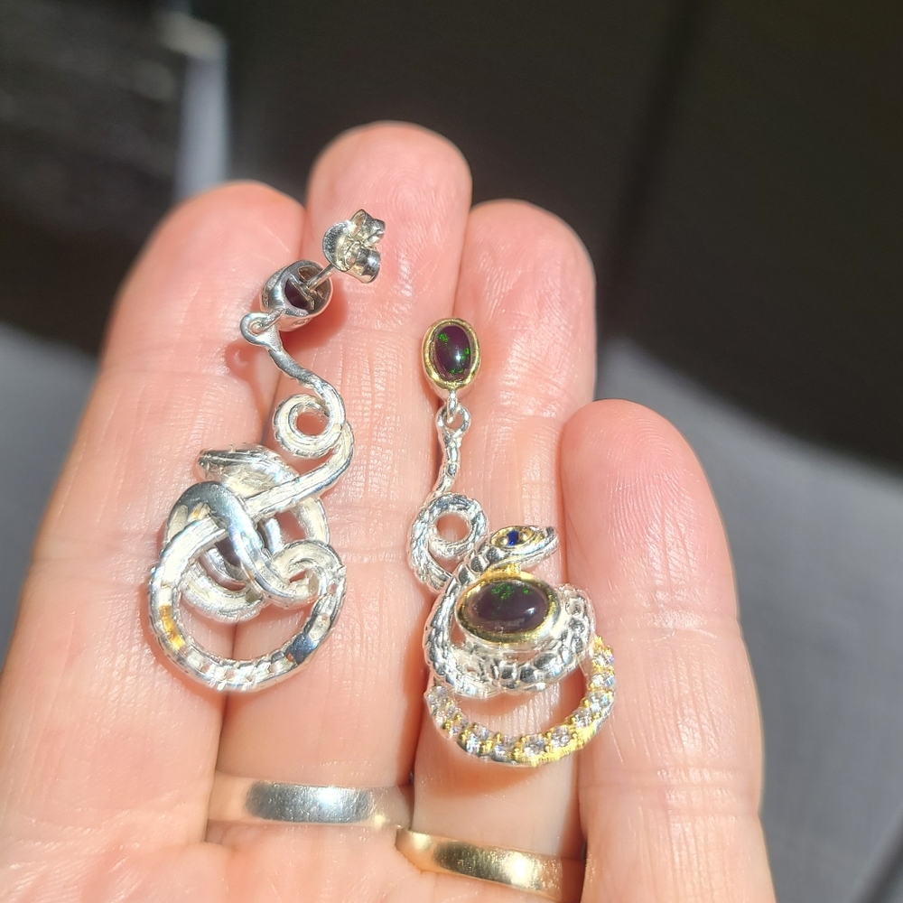 Black Opal sapphire &Topaz Sterling &Gold serpent 🐍 earrings - Picture 6 of 9